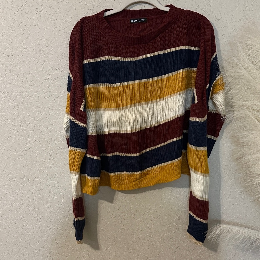 SHEIN burgundy blue cream and yellow Knit Sweater 4